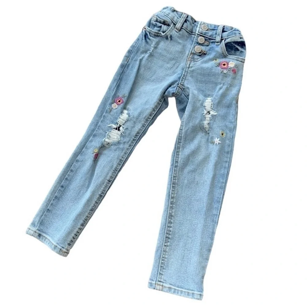 Cat & Jack Super-stretch Distressed Snap Jeans Floral Appliqués Size 4T
